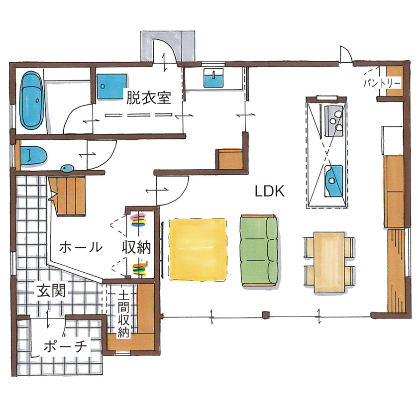 サティスホーム岐阜 【岐阜市×2000万円台×間取り図有×無垢床】アイアン階段と家事動線が自慢の家の間取り図（3LDK＋納戸）1階
