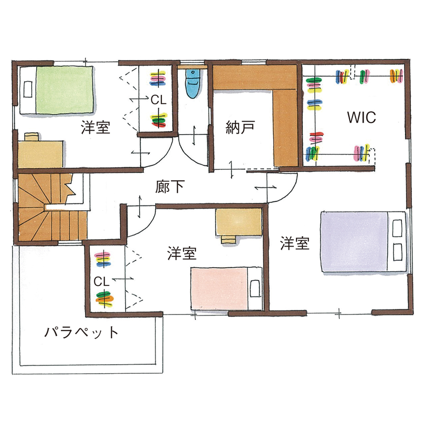 サティスホーム岐阜 【岐阜市×2000万円台×間取り図有×無垢床】アイアン階段と家事動線が自慢の家の間取り図（3LDK＋納戸）2階