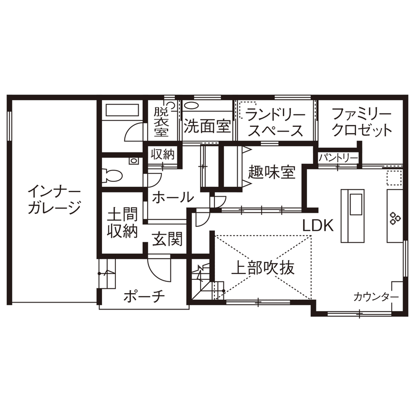 サティスホーム岐阜 【インナーガレージ×吹き抜けリビング×間取り図有×2000万円台】デザインも素材も！理想を全て叶えた家の間取り図（5LDK＋ガレージ）1階