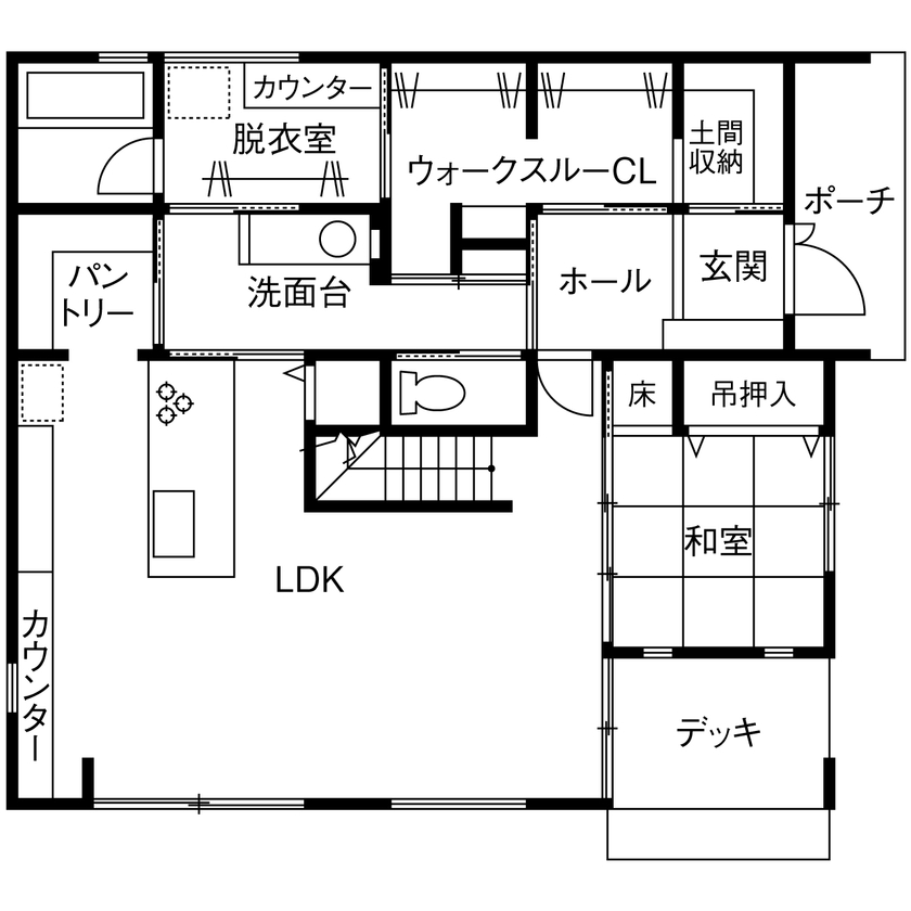 サティスホーム岐阜 【羽島郡×自由設計×モダンスタイル×間取図あり】幾重にも描く回遊動線上に設備も収納も配置した快適な家の間取り図（4LDK）1階