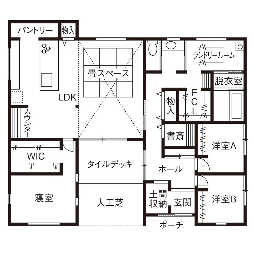 サティスホーム岐阜 【揖斐郡×平屋×間取り図有】平屋はフロアのゾーニングが快適生活の決め手。そこで「コの字型」を採用！の間取り図（3LDK）1階