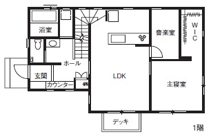 小嶋工務店 TOKYO WOOD 【間取りあり/40坪台/3000万円台/地下室付二世帯住宅】家族みんなが心地よい、ぬくもりのある住まいの間取り図（5LLDDKK）１階