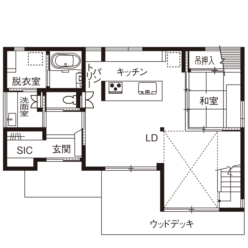 小嶋工務店 TOKYO WOOD 【東京ゼロエミ水準3取得/30坪台/間取り図有】のびのび遊ぶ子どもの姿に満足！開放感と優しさ溢れる木の家の間取り図（4LDK）1階