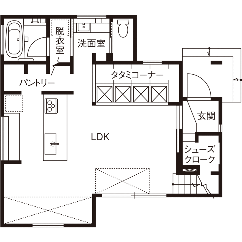 小嶋工務店 TOKYO WOOD 【間取り図あり/30坪台/3000万円台】開放感あふれる大人のモダンスタイル空間。縦横に広がる空間設計に注目の間取り図（4LDK）1階