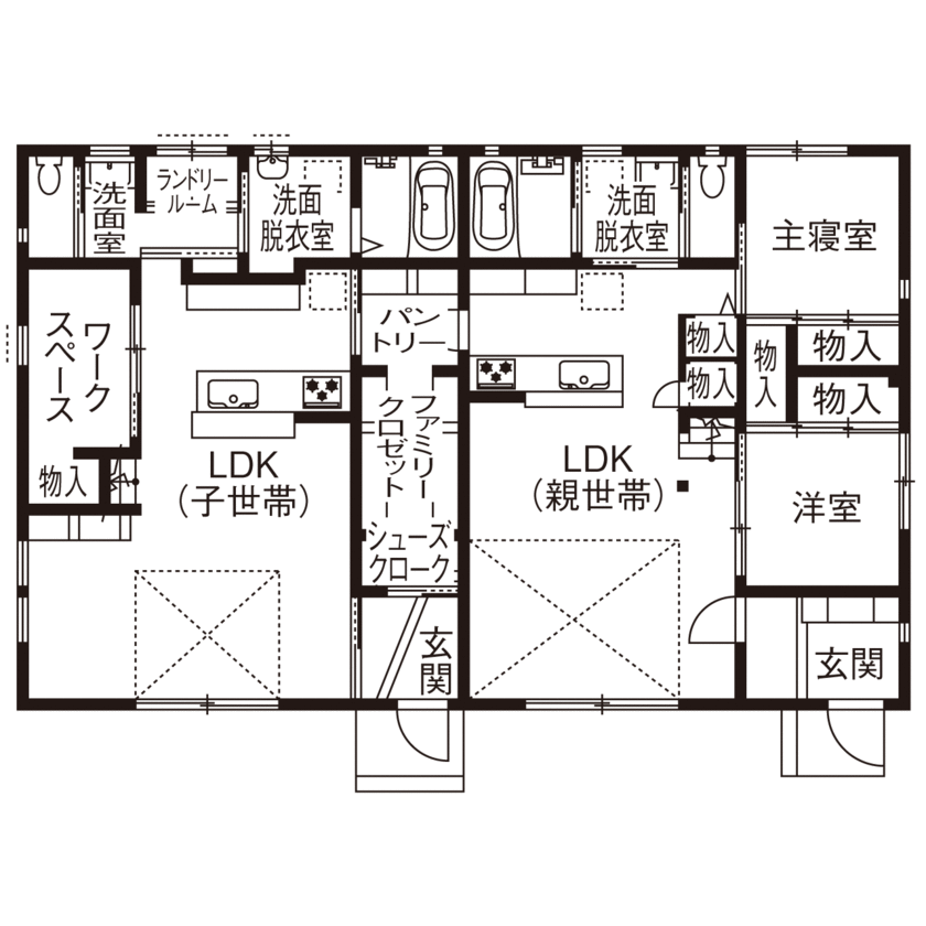 小嶋工務店 TOKYO WOOD 【間取りあり/60坪台/4000万円台/二世帯住】程よい距離感で、暮らしを大切に。完全分離のテラスハウス仕様の間取り図（5K以上）1階