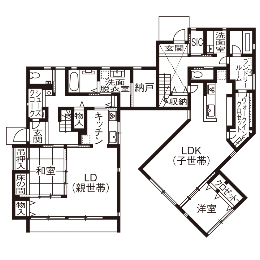 小嶋工務店 TOKYO WOOD 【間取り図あり/70坪台/3000万円台/二世帯】親と子、それぞれの暮らしを一番に考えて誕生した、ズレの邸宅の間取り図（3LDK+4LDK）1階
