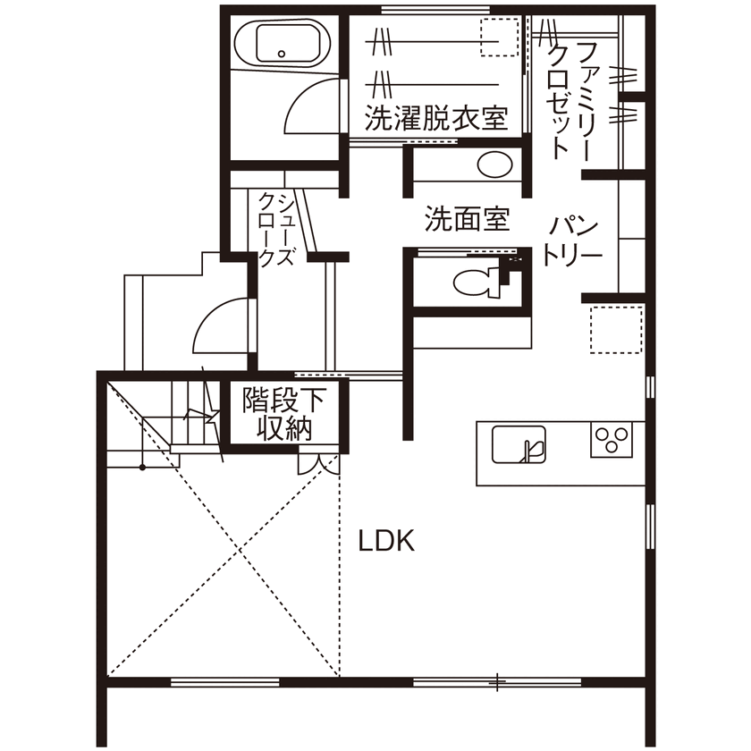 小嶋工務店 TOKYO WOOD 【間取り図あり/30坪台/長期優良住宅】ハイスペックな性能とデザインを両立した、スタイリッシュな住まいの間取り図（2LDK）1階