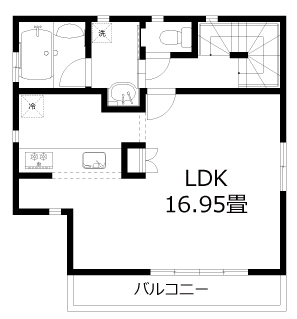 ジャパンホーム（J-style） 【1000万円台/ビルドインガレージ/間取り図】東南向きの2階リビングで家族がゆったり過ごせる3階建ての家の間取り図（3LDK+ビルトインガレージ）2階