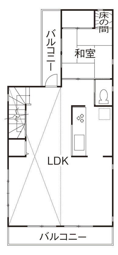 ジャパンホーム（J-style） 【1000万円台/4LDK+小屋裏収納/リビングイン階段/L字型間取り図】2階リビングを暮らしの軸にした家の間取り図（4LDK+小屋裏収納）2階