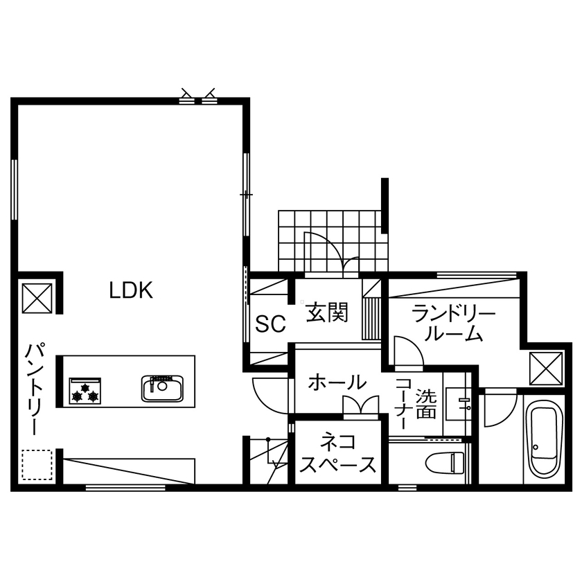 ジャパンホーム（J-style） 【2000万円～2499万円／ペット／収納充実／間取図】子どもも愛猫も、みんながのびのび暮らす家の間取り図（4LDK+洗濯室+WIC）1階