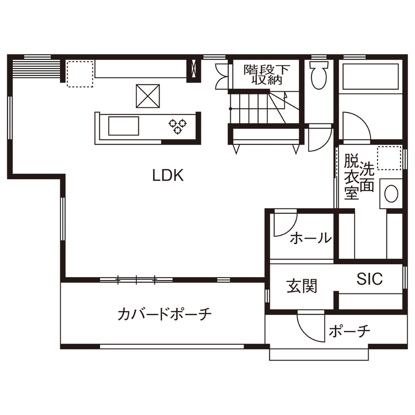 二重断熱の家　ネスト 【藤沢市｜カバードポーチ｜2LDK】映画や音楽を思いっきり楽しむ、収納もたっぷりで快適な住まいの間取り図（2LDK）1階
