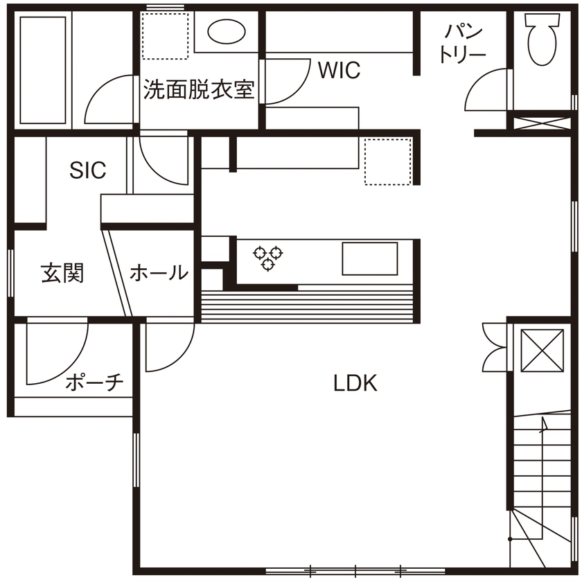 二重断熱の家　ネスト 【2500万円台/ZEH/間取り図あり】「暖かい家で暮らしたい」という夢を叶えた、お洒落＆趣味も楽しめる家の間取り図（2LDK＋書斎）1階