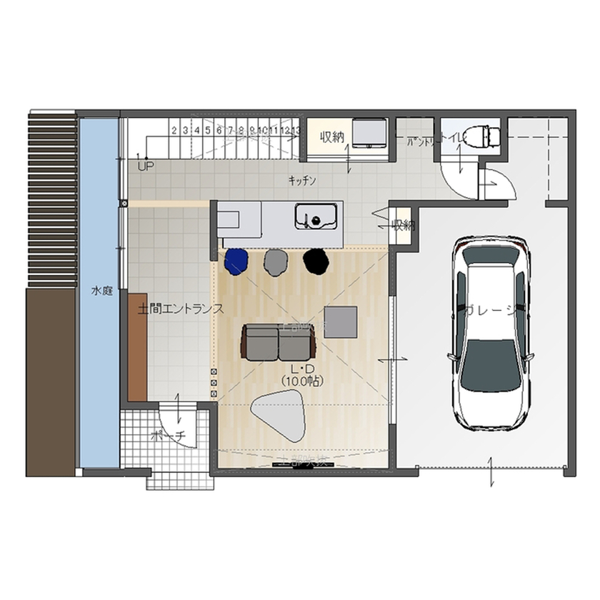 一級建築士事務所　SARA HOME桜建築事務所 【3000万円台｜C値0.5｜UA値0.71｜間取り｜ビルトイン｜吹抜け】室内から愛車を眺められるガレージハウスの間取り図（1LDK）１階