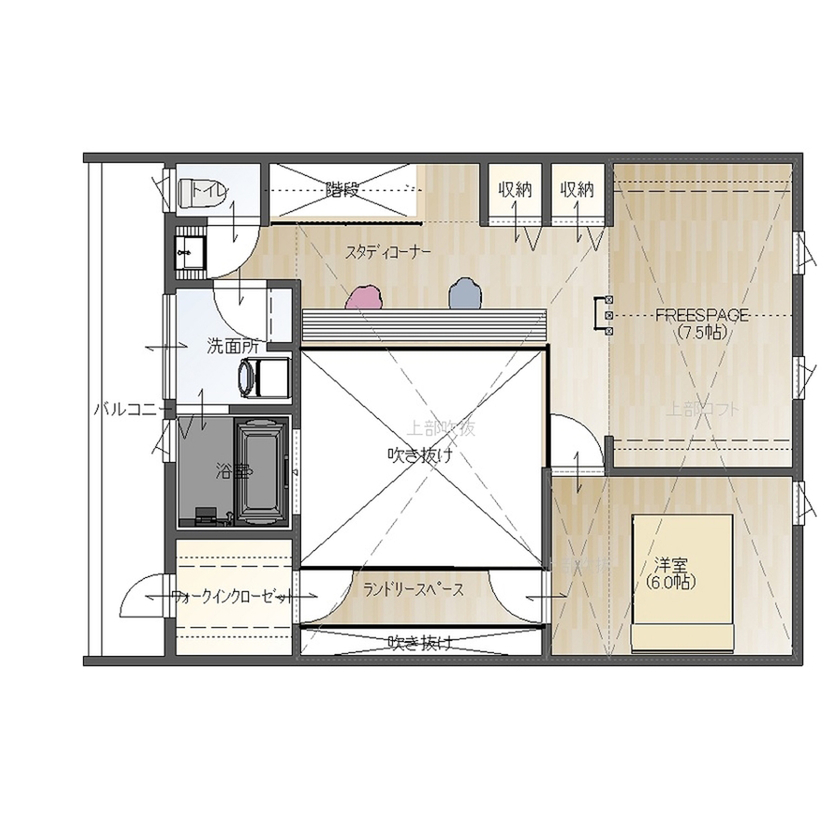 一級建築士事務所　SARA HOME桜建築事務所 【3000万円台｜C値0.5｜UA値0.71｜間取り｜ビルトイン｜吹抜け】室内から愛車を眺められるガレージハウスの間取り図（1LDK）２階