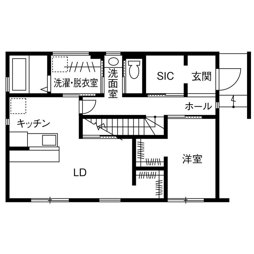 一級建築士事務所　SARA HOME桜建築事務所 【2800万円台／C値0.21／UA値0.41／家事動線／間取図有】バルコニーの開放感とスムーズ動線の二世帯住宅の間取り図（2LDK）1階