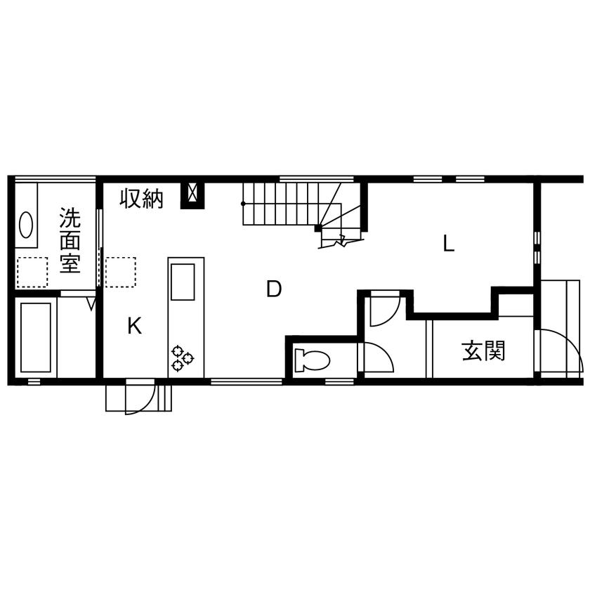 アールコーブ・ホーム(一級建築士事務所) by安江工務店 【1000万円台/30坪台/間取り有】間口の狭いお家でも、設計マジックで広々開放的。自然光で夕方も明るいの間取り図（2LDK）1階