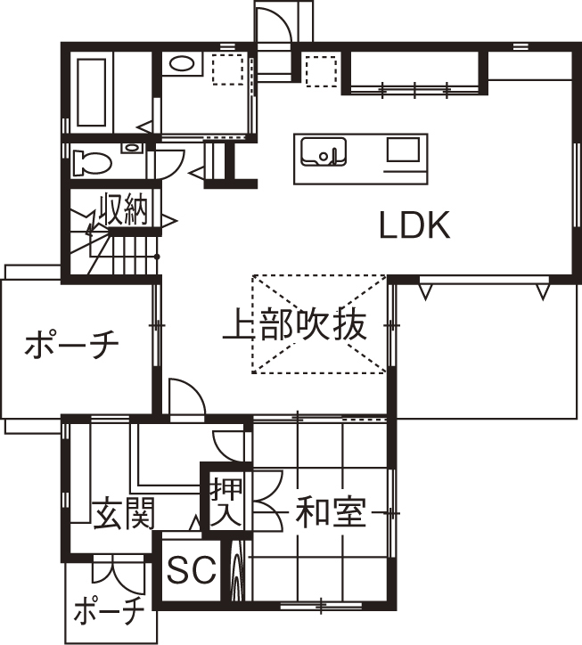 アイ工務店 【2000万円台/吹付断熱/間取り図有】広い玄関の先に吹抜リビング　開放感と落ち着きが満ちる家の間取り図（5K以上）1階
