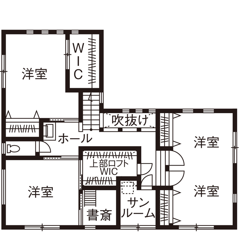 アイ工務店 【兵庫県明石市/2000万円台/二世帯住宅】ハーフ吹抜や外に続くデッキで家族が集うLDKを心地よくの間取り図（4LDK）２階