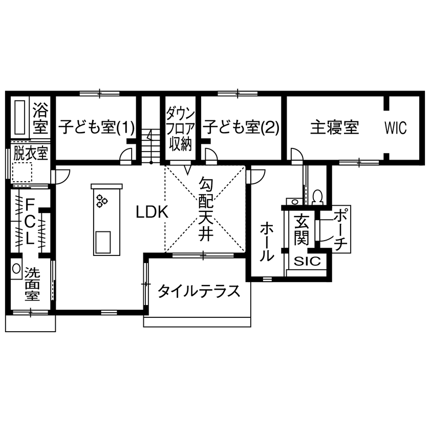 アイ工務店 【和歌山県/快適動線/間取り図有】スキップフロアやダウンフロアを採り入れ、全ての部屋が繋がる平屋風住宅の間取り図（3LDK）1階