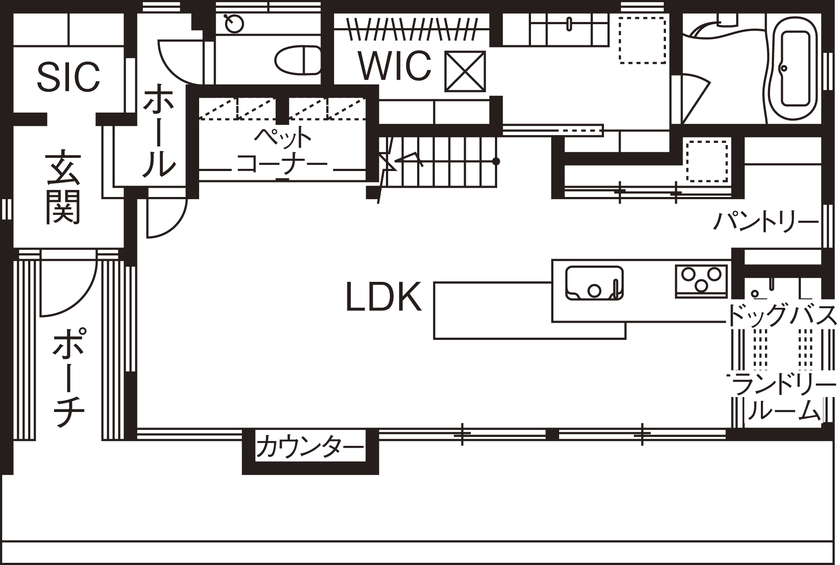 アイ工務店 【滋賀県/42坪/高気密・高断熱】天井に届く窓で開放的なLDKに 愛犬と一緒に心地よく暮らす家の間取り図（4LDK）１階