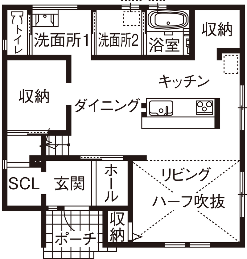 アイ工務店 【滋賀県/アイランドキッチン/間取り図有】家族の繋がりを常に感じられる、スキップフロアを取り入れた家の間取り図（4LDK）1階