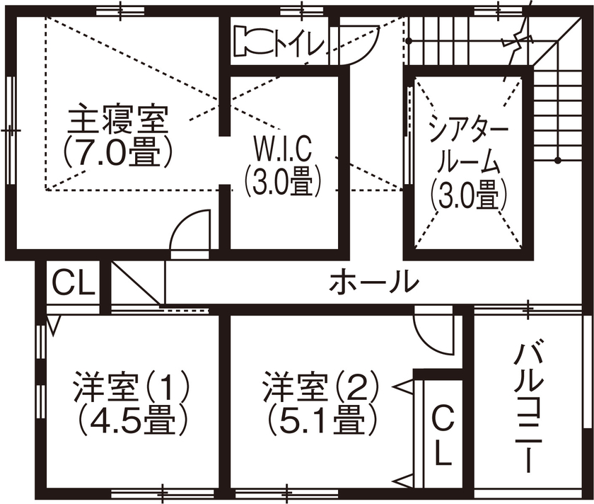アイ工務店 【広島県広島市/2000万円台/趣味部屋】スキップフロアだから叶った趣味の小部屋とゆとりある収納の間取り図（4LDK）２階