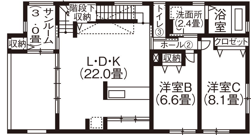 アイ工務店 【2000万円台/店舗併設/間取り図有】1階の一部を事務所スペースに　全館空調とサンルームのある家の間取り図（4LLDK）2階