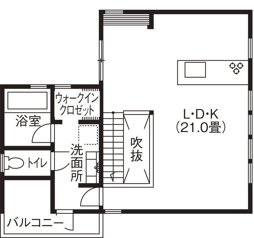 アイ工務店 【福岡県福岡市/2000万円台/間取り図有】広さ、静けさ、開放感全て叶えた2階リビングが暮らしの中心の間取り図（3LDK）２階