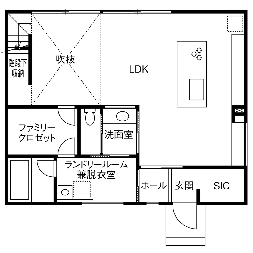 アイ工務店 【延床33.6坪/吹抜/収納充実/間取図】庭と繋がり、吹抜の圧倒的な開放感を楽しむ北欧テイストの家の間取り図（3LDK）１階