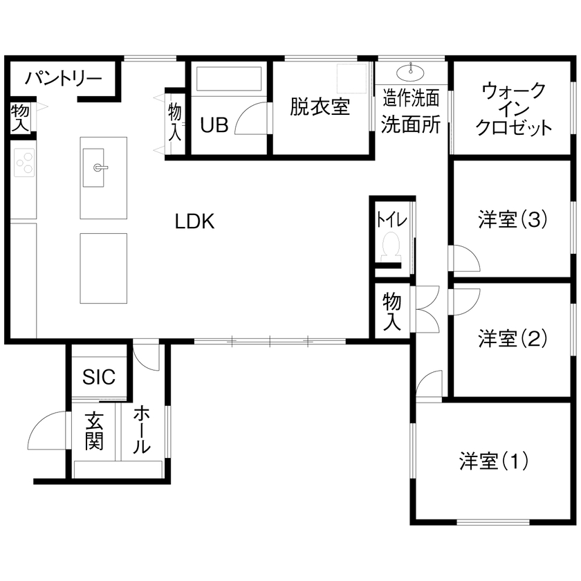 アイ工務店 【延床31.2坪／コの字型の平屋／間取り図】光の演出が美しい平屋で、カーテン要らずの暮らしを満喫の間取り図（3LDK＋WIC）1階