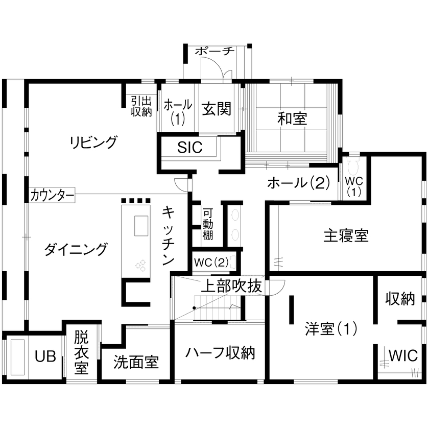 アイ工務店 【延床58.1坪／ダウンフロア／間取り図】窓越しの緑が爽快なリビングに、家族が自然と集う二世帯住宅の間取り図（4LDK＋小屋裏収納）1階