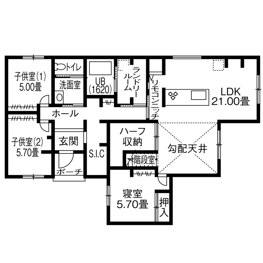 アイ工務店 【長崎県/平屋/間取り図有】ワンフロアで暮らしが完結する快適さに、使い方自在の小屋裏空間をプラスの間取り図（3LDK＋小屋裏）1階