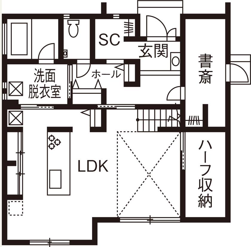 アイ工務店 【埼玉県川越市/2000万円台/ハーフ吹き抜け】スキップフロアで縦空間を活用　開放感と実用性を両立した家の間取り図（5K以上）1階