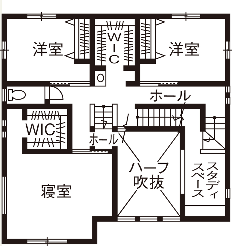 アイ工務店 【埼玉県川越市/2000万円台/ハーフ吹き抜け】スキップフロアで縦空間を活用　開放感と実用性を両立した家の間取り図（5K以上）2階