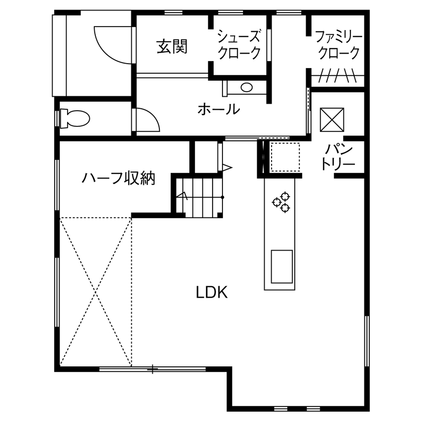 アイ工務店 【神奈川県/2000万円台】スキップフロアの空間デザインと、こだわりの動線。憧れのキッチンを叶えた住まいの間取り図（2LDK）1階