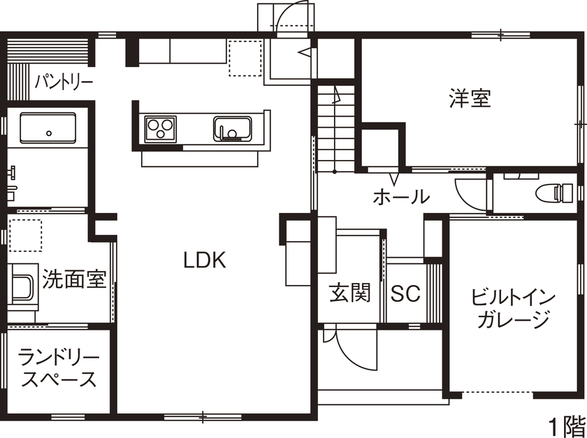 アイ工務店 【群馬県伊勢崎市/2000万円台/家事導線】念願のバイクガレージを叶えた アメリカンスタイルの住まいの間取り図（4LDK）１階