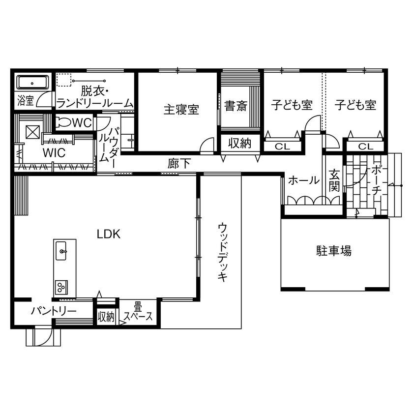 アイ工務店 【 平屋/延床44.7坪/ウッドデッキ/動線と収納】家族が集まる時間も、ひとりの時間も、大切にできるわが家の間取り図（2LDK）1階