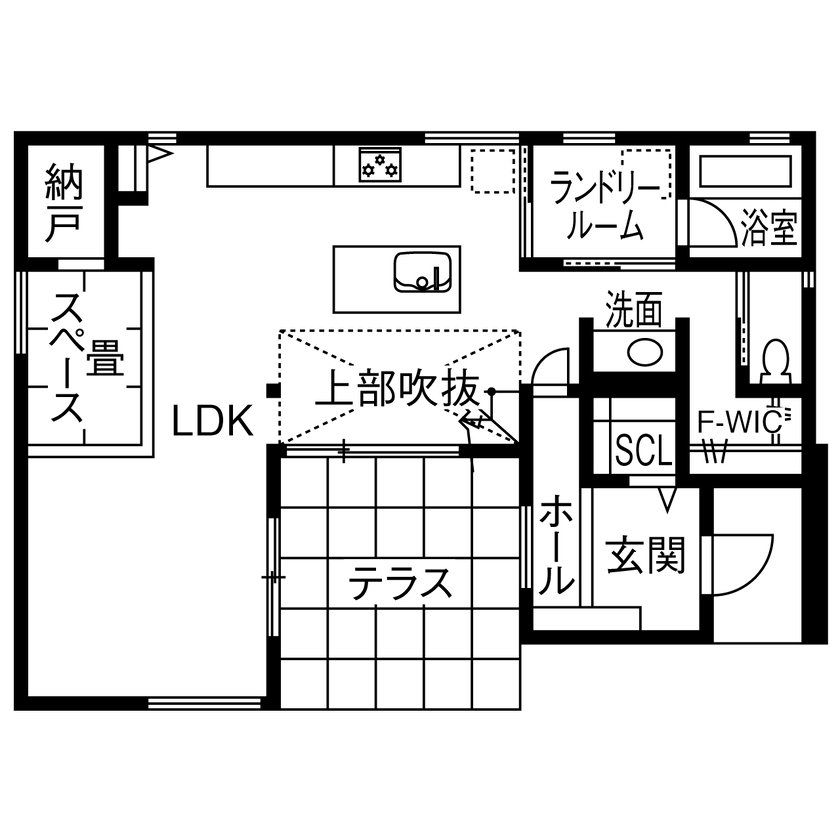 アイ工務店 【延床39.8坪/家事動線/吹抜/テラス】センチ単位の自由設計で、実用性とデザインが両立した住まいにの間取り図（3LDK）1階