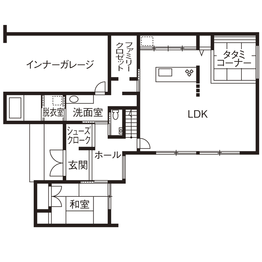 アイ工務店 【石川県/インナーガレージ/間取り図有】ホームパーティーが充実するLDKと、インナーガレージで趣味を満喫の間取り図（4LDK）1階