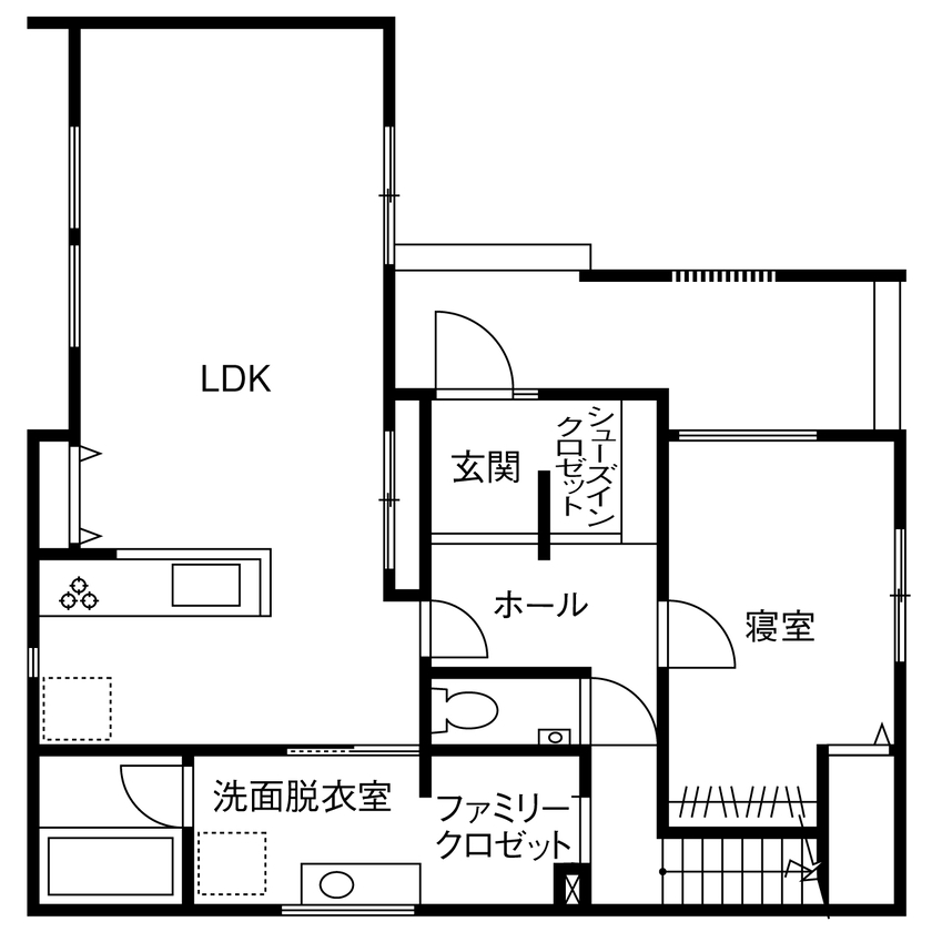 アイ工務店 【石川県/二世帯住宅/間取り図有】ヘリンボーンの床がお洒落なLDKに家族が自然と集う、二世帯住宅の間取り図（4LDK）1階