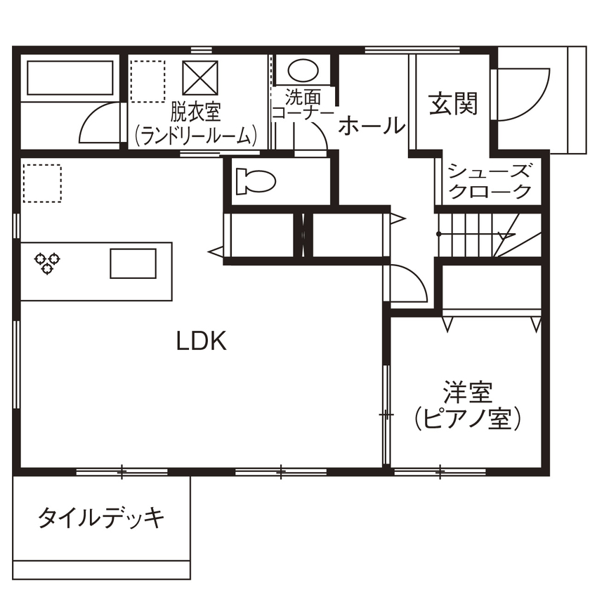 アイ工務店 【延床35.5坪／回遊動線／収納充実／間取図】シックでハイグレードな素材・設備を散りばめた住まいの間取り図（4LDK）1階