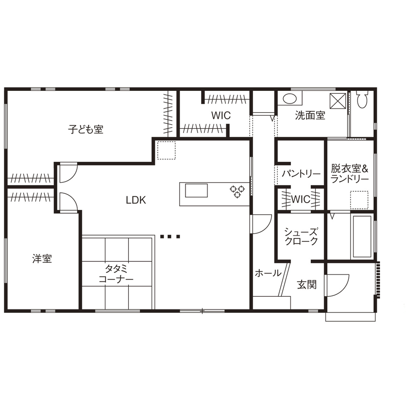 アイ工務店 【延床32.8坪／平屋／動線／間取図】水回りの生活音が響かず静か。すっきりゆったりLDKの住まいの間取り図（2LDK）1階