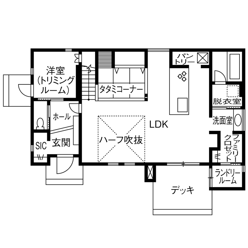 アイ工務店 【延床37.8坪／吹抜／ペット／間取図】憧れのハワイをわが家に。家族と愛犬に、あたたかな陽だまりをの間取り図（3LDK）1階