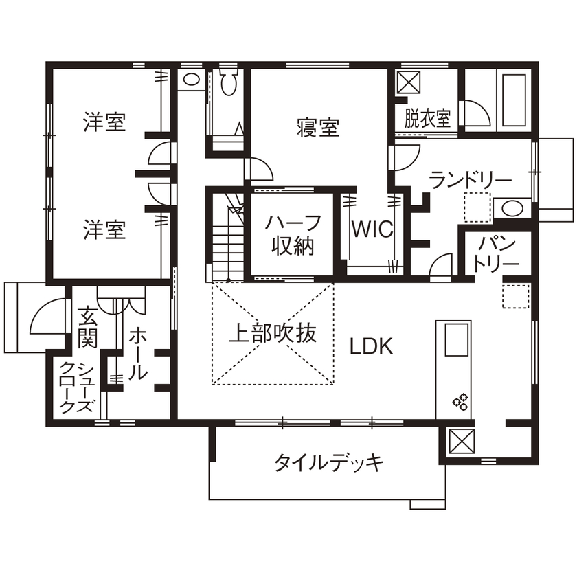 アイ工務店 【茨城県/ペット/2000万円台】縦空間の活用でスキップフロア+ハーフ収納を。愛犬と暮らす平屋風1.5階建ての間取り図（2LDK）1階