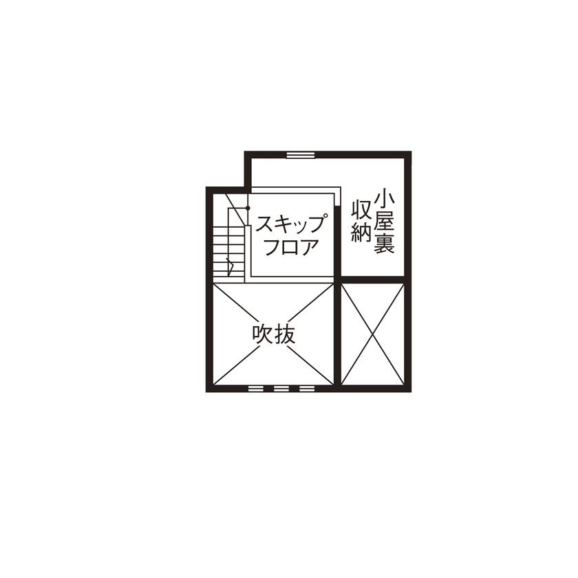 アイ工務店 【茨城県/ペット/2000万円台】縦空間の活用でスキップフロア+ハーフ収納を。愛犬と暮らす平屋風1.5階建ての間取り図（2LDK）小屋裏