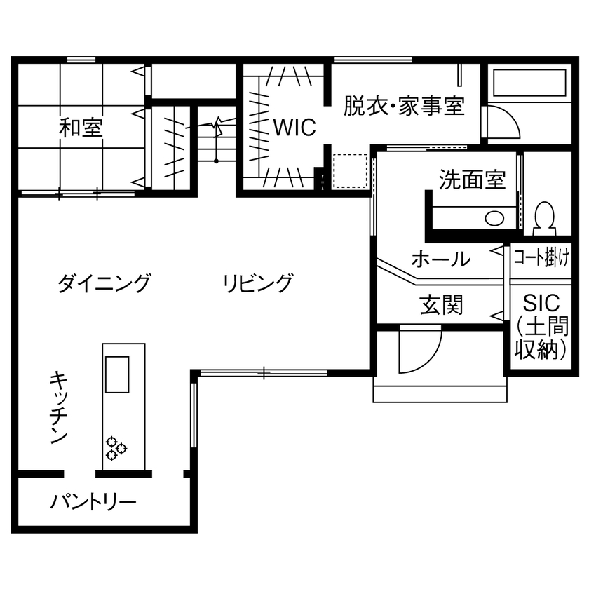 アイ工務店 【延床38.6坪/テラス/動線/間取図】こだわりのキッチンを備え、おうちレストランを楽しむホテルライクな家の間取り図（4LDK）１階