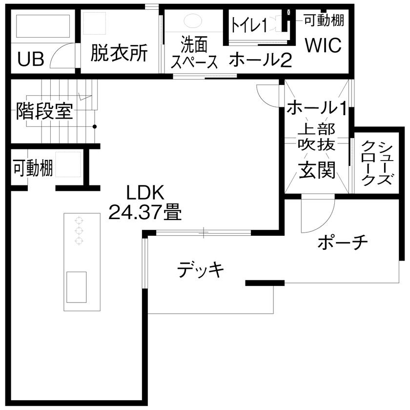 アイ工務店 【延床35.9坪／吹き抜け玄関／納戸／間取り図】オブジェのような照明が映える、白が基調のフェミニンな空間の間取り図（2LDK＋納戸）1階