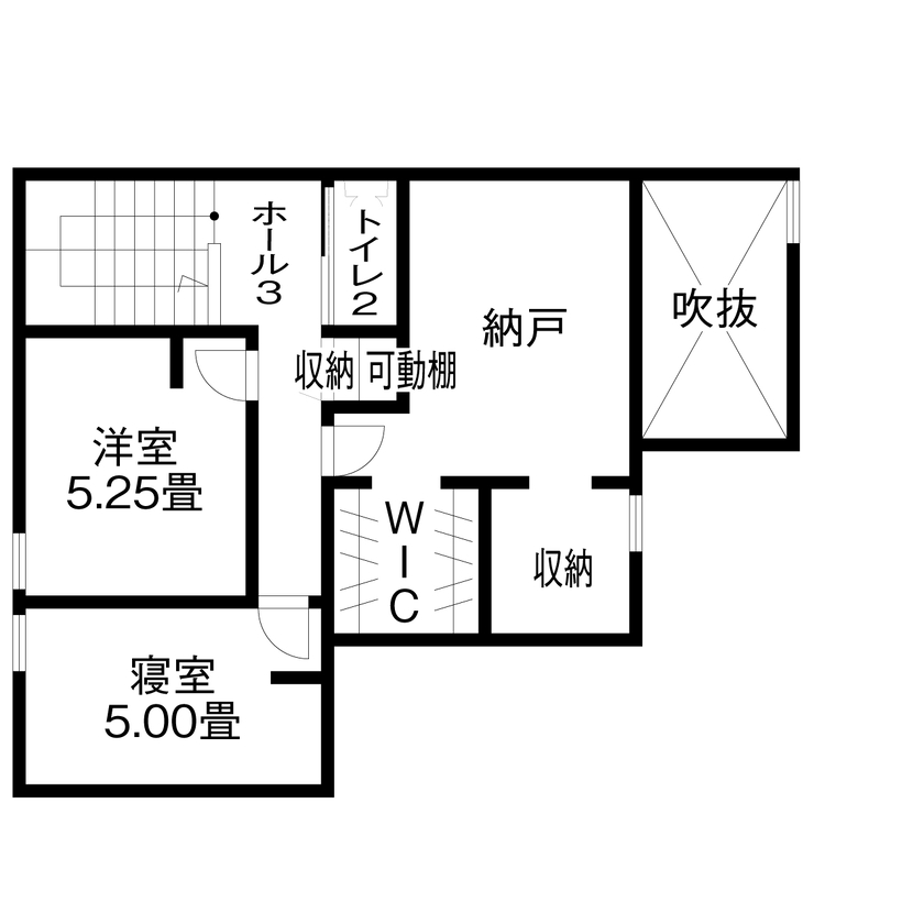 アイ工務店 【延床35.9坪／吹き抜け玄関／納戸／間取り図】オブジェのような照明が映える、白が基調のフェミニンな空間の間取り図（2LDK＋納戸）2階