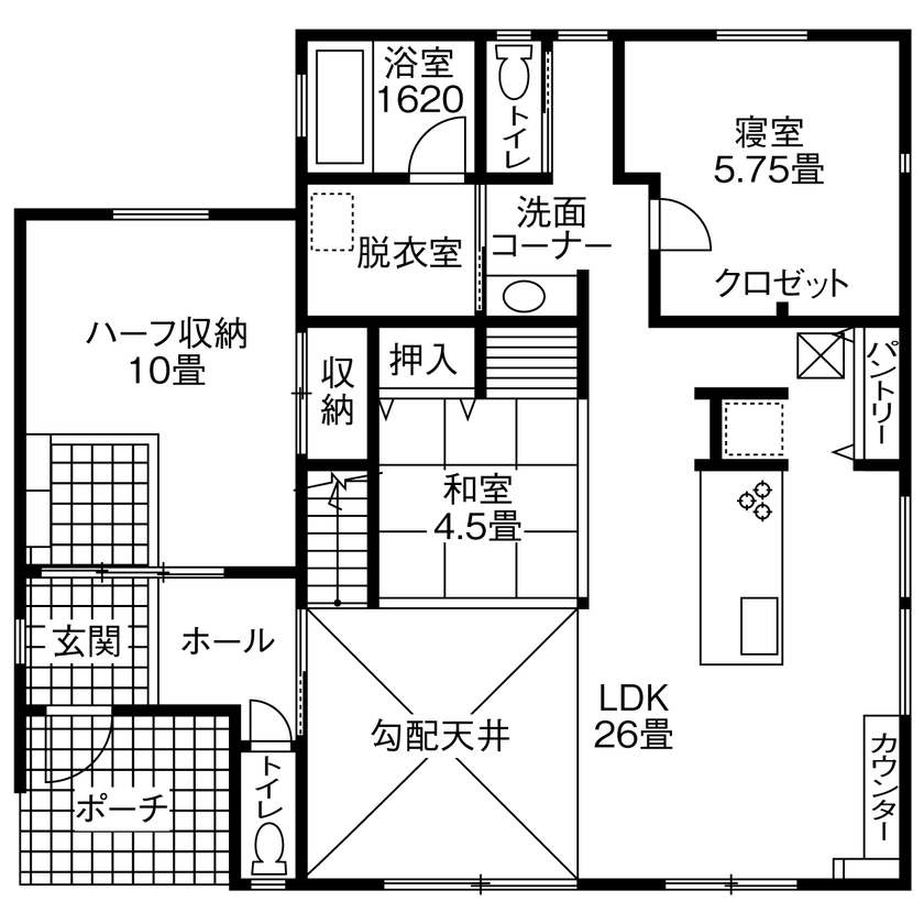 アイ工務店 【半平屋/2000万円台/間取り図有】平屋にプラスアルファのゆとりを持たせた1.5階の家の間取り図（4LDK＋ハーフ収納）1階