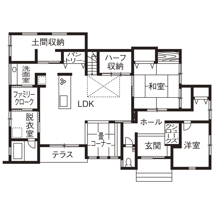 アイ工務店 【福井県/回遊動線/間取り図有】吹抜とスキップフロアの開放感。屋外～土間収納～水回りへつながる家の間取り図（4LDK）1階